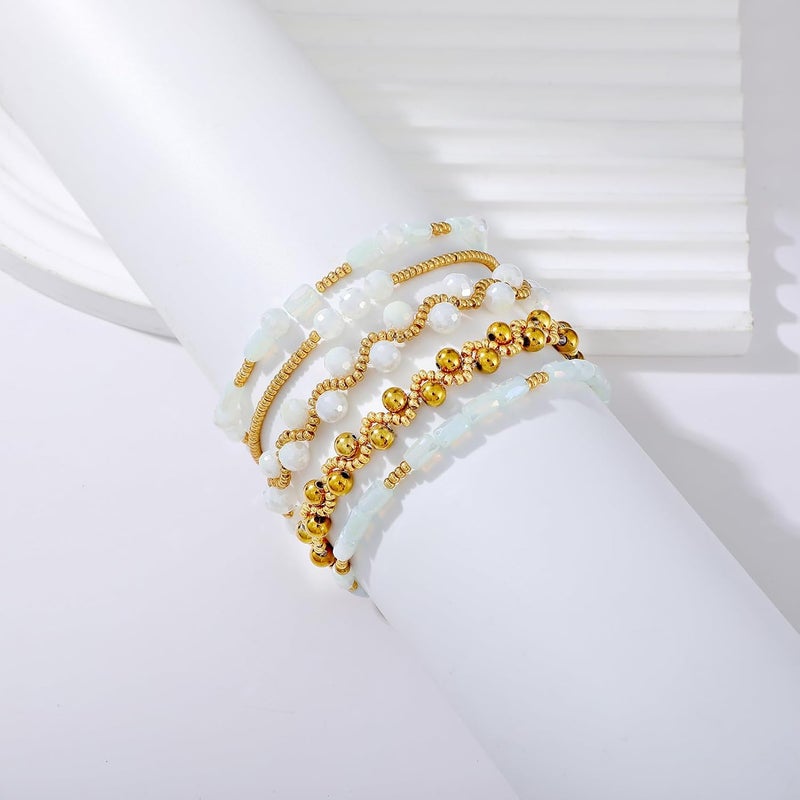 Pymach Store Dainty Gold Plated Pearl Crystal Beaded Bracelets Set for Women 14K Gold Plated Bead Pearl Beads Bracelet Stackable Paperclip Link Chain Bracelets Gold Plated Bracelets for Women Trendy Jewelry - Image 4